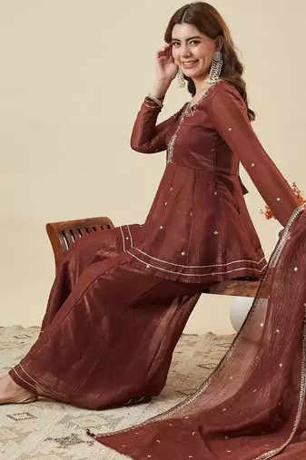 Brown embroidered shimmer silk peplum kurta with palazzo and dupatta