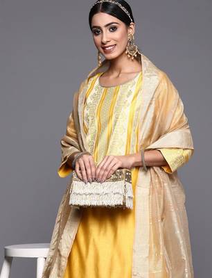 Women Yellow Printed Liva Kurta with Palazzos & With Dupatta 2