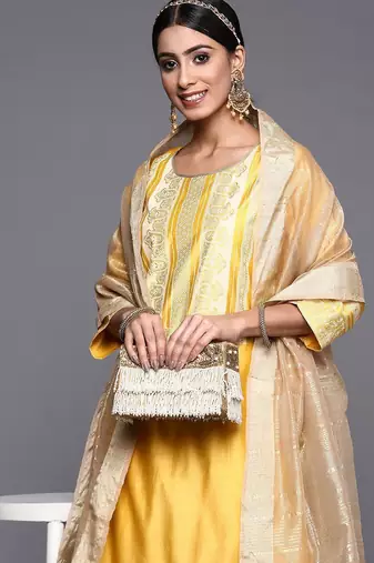 Women Yellow Printed Liva Kurta with Palazzos & With Dupatta