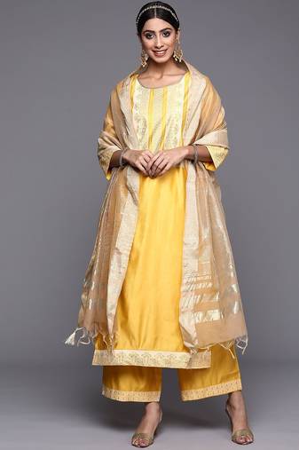 Women Yellow Printed Liva Kurta with Palazzos & With Dupatta