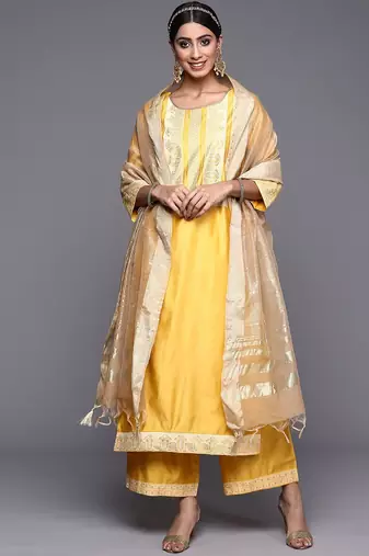 Women Yellow Printed Liva Kurta with Palazzos & With Dupatta