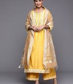 Women Yellow Printed Liva Kurta with Palazzos & With Dupatta