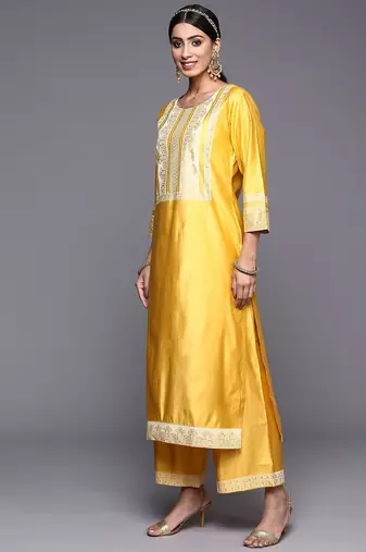 Women Yellow Printed Liva Kurta with Palazzos & With Dupatta