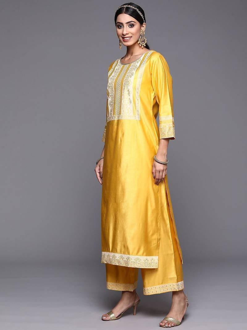 Women Yellow Printed Liva Kurta with Palazzos & With Dupatta