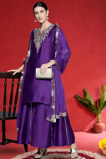 Women Floral Embroidered Kurta with Palazzos & Dupatta