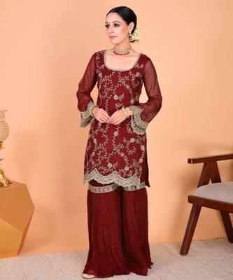 Maroon embroidered faux georgette sharara salwar suit set with dupatta 1