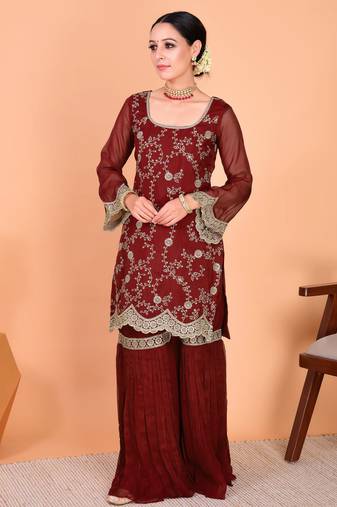 Maroon embroidered faux georgette sharara salwar suit set with dupatta