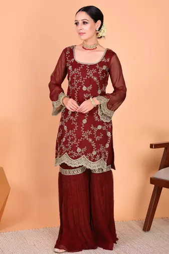 Maroon embroidered faux georgette sharara salwar suit set with dupatta