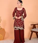 Maroon embroidered faux georgette sharara salwar suit set with dupatta