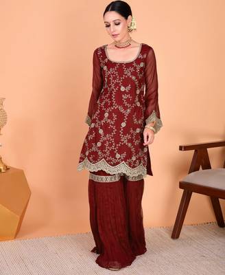 Maroon embroidered faux georgette sharara salwar suit set with dupatta 2