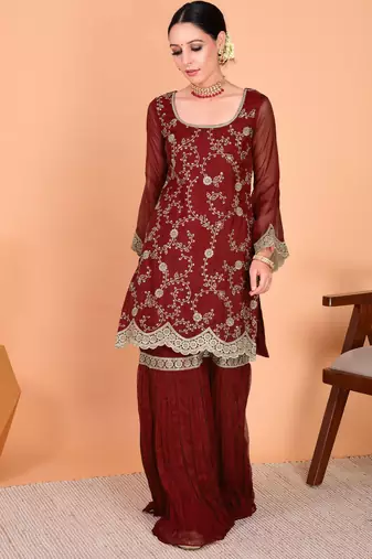 Maroon embroidered faux georgette sharara salwar suit set with dupatta