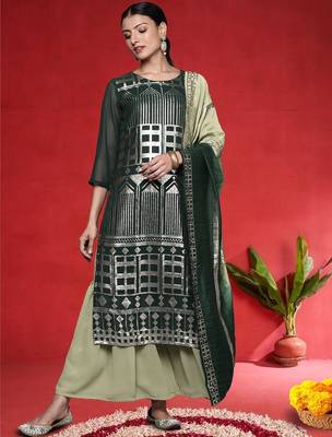 Women Printed Regular Sequinned Straight Kurta with Sharara & Dupatta 1