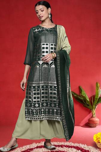 Women Printed Regular Sequinned Straight Kurta with Sharara & Dupatta