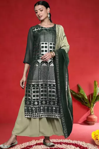 Women Printed Regular Sequinned Straight Kurta with Sharara & Dupatta