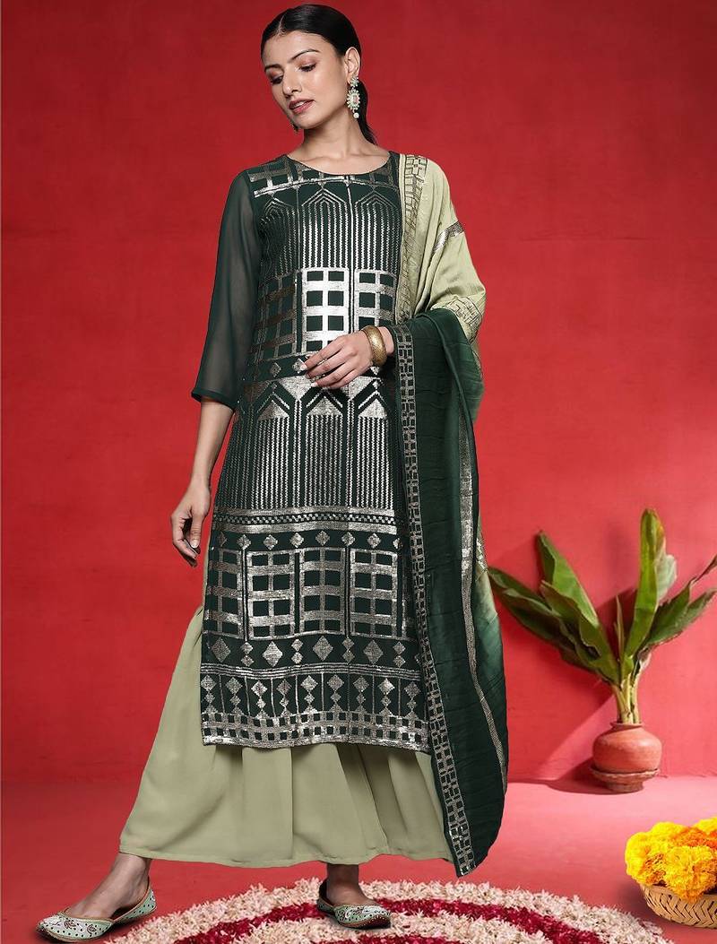 Women Printed Regular Sequinned Straight Kurta with Sharara & Dupatta