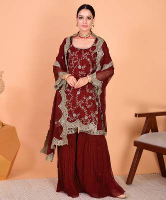 Maroon embroidered faux georgette sharara salwar suit set with dupatta 3