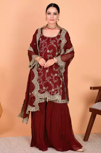 Maroon embroidered faux georgette sharara salwar suit set with dupatta