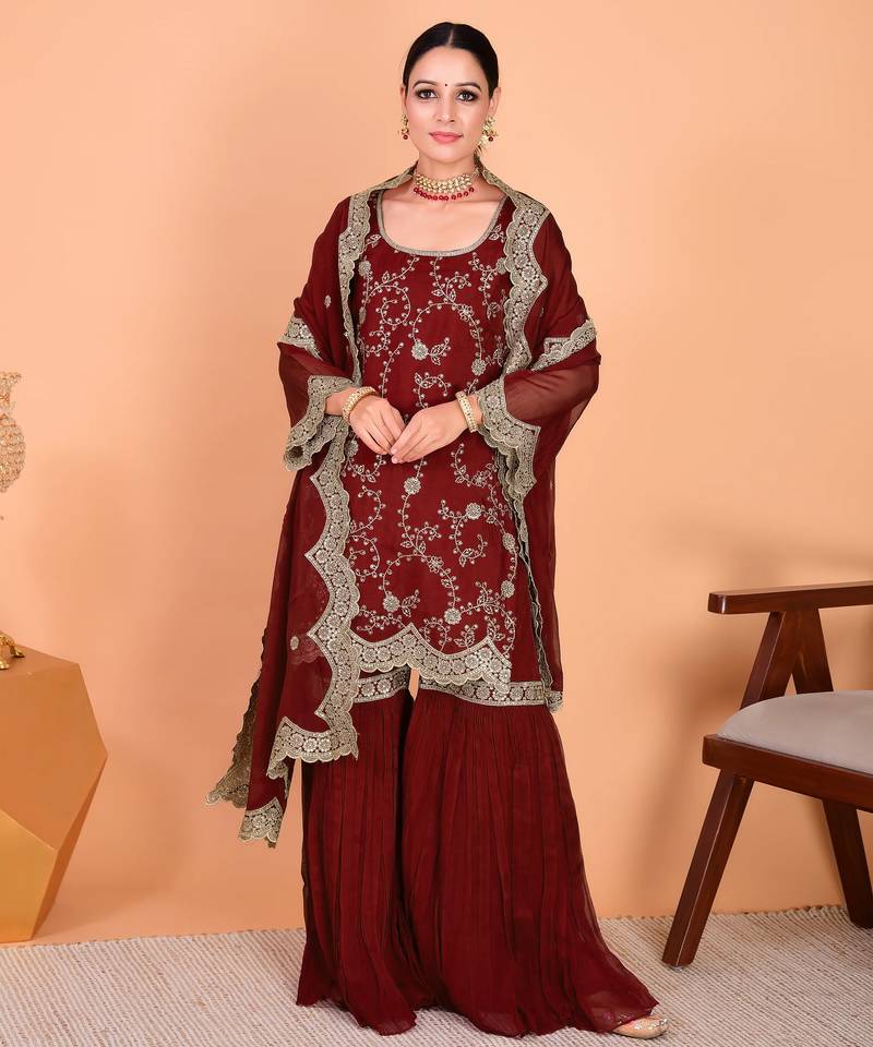 Maroon embroidered faux georgette sharara salwar suit set with dupatta