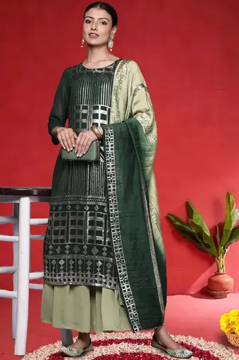 Women Printed Regular Sequinned Straight Kurta with Sharara & Dupatta