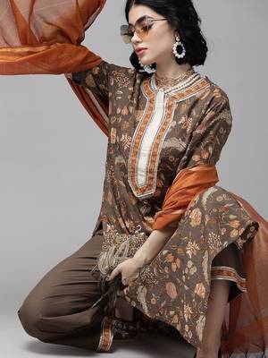 Taupe & Orange Floral Screen Print Kurta with Palazzos and Dupatta 2