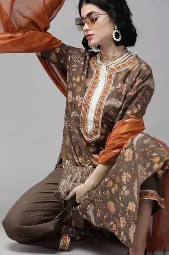 Taupe & Orange Floral Screen Print Kurta with Palazzos and Dupatta