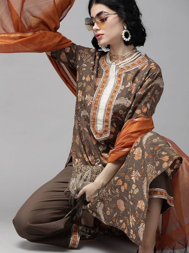 Taupe & Orange Floral Screen Print Kurta with Palazzos and Dupatta