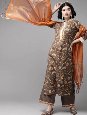 Taupe & Orange Floral Screen Print Kurta with Palazzos and Dupatta 1