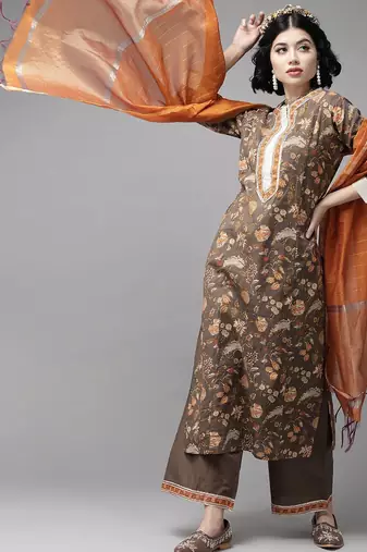 Taupe & Orange Floral Screen Print Kurta with Palazzos and Dupatta