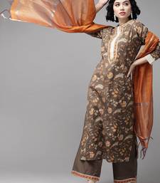 Taupe & Orange Floral Screen Print Kurta with Palazzos and Dupatta