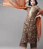 Taupe & Orange Floral Screen Print Kurta with Palazzos and Dupatta