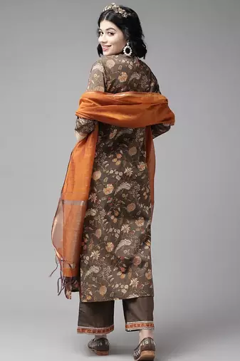 Taupe & Orange Floral Screen Print Kurta with Palazzos and Dupatta