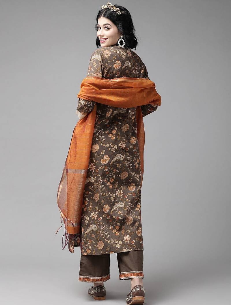Taupe & Orange Floral Screen Print Kurta with Palazzos and Dupatta