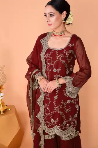 Maroon embroidered faux georgette sharara salwar suit set with dupatta