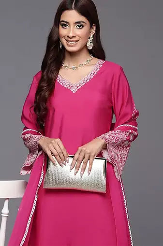 Women Floral Embroidered Thread Work Kurta with Embroidered Trousers & Dupatta