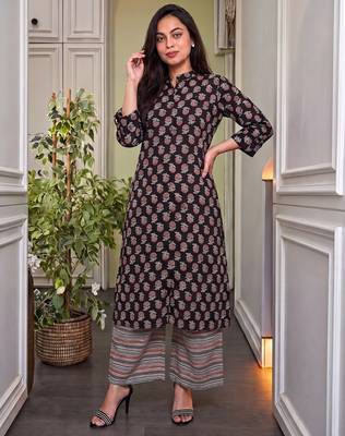Black floral printed pure cotton a-line kurta with striped palazzo set 1