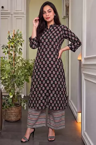 Black floral printed pure cotton a-line kurta with striped palazzo set