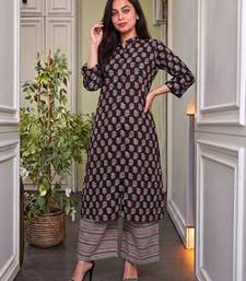 Black floral printed pure cotton a-line kurta with striped palazzo set