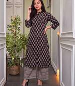 Black floral printed pure cotton a-line kurta with striped palazzo set