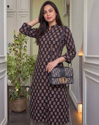 Black floral printed pure cotton a-line kurta with striped palazzo set 2
