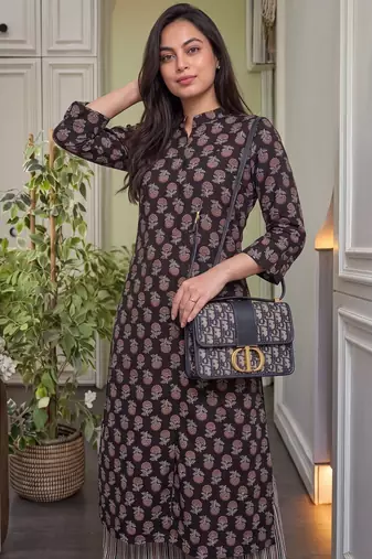 Black floral printed pure cotton a-line kurta with striped palazzo set
