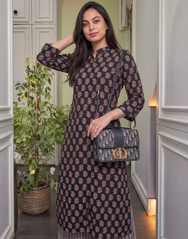 Black floral printed pure cotton a-line kurta with striped palazzo set