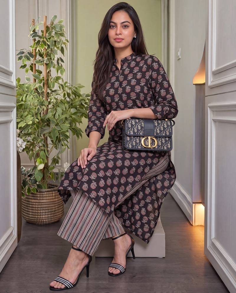 Black floral printed pure cotton a-line kurta with striped palazzo set