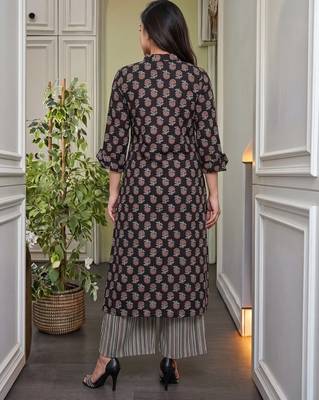 Black floral printed pure cotton a-line kurta with striped palazzo set 4