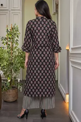 Black floral printed pure cotton a-line kurta with striped palazzo set