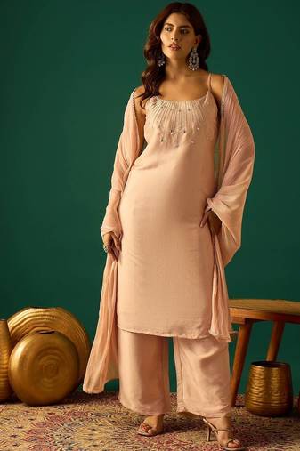 Women Embroidered Regular Beads and Stones Kurta with Palazzos & Dupatta