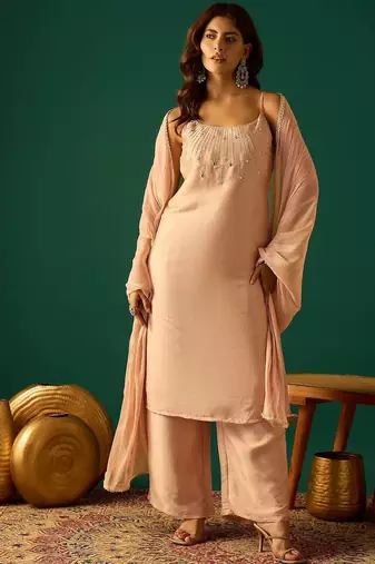 Women Embroidered Regular Beads and Stones Kurta with Palazzos & Dupatta