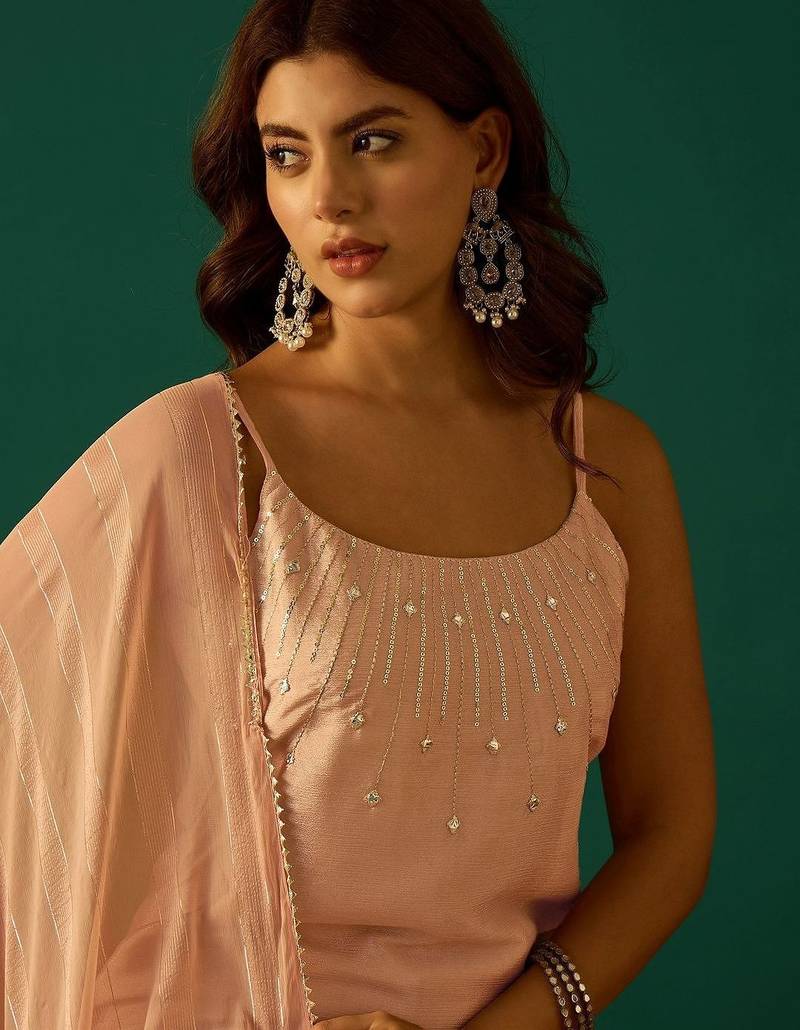Women Embroidered Regular Beads and Stones Kurta with Palazzos & Dupatta