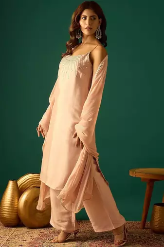 Women Embroidered Regular Beads and Stones Kurta with Palazzos & Dupatta