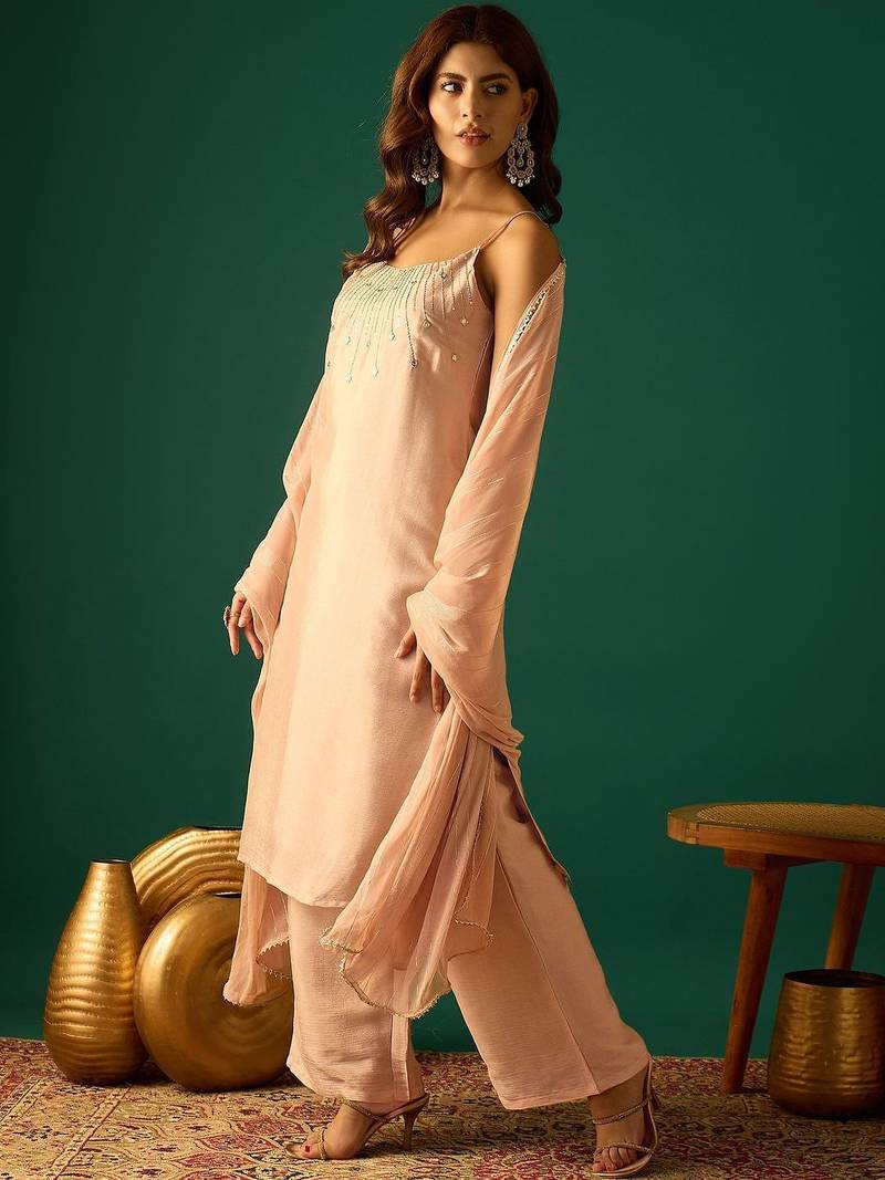 Women Embroidered Regular Beads and Stones Kurta with Palazzos & Dupatta