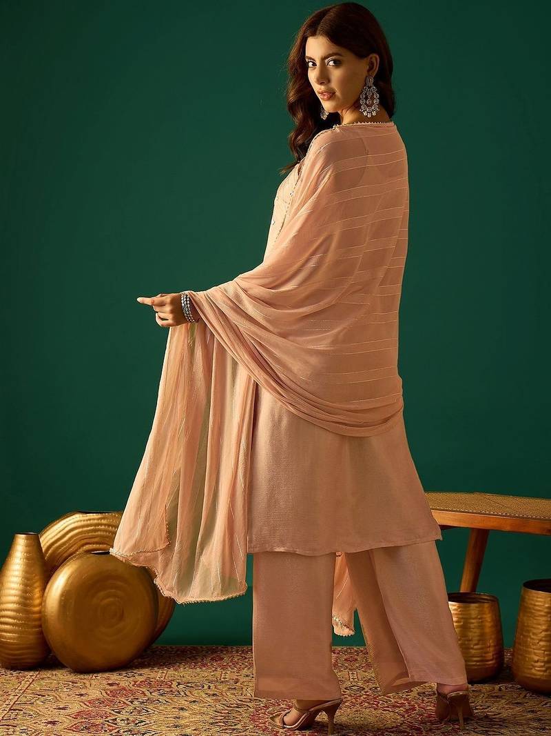 Women Embroidered Regular Beads and Stones Kurta with Palazzos & Dupatta